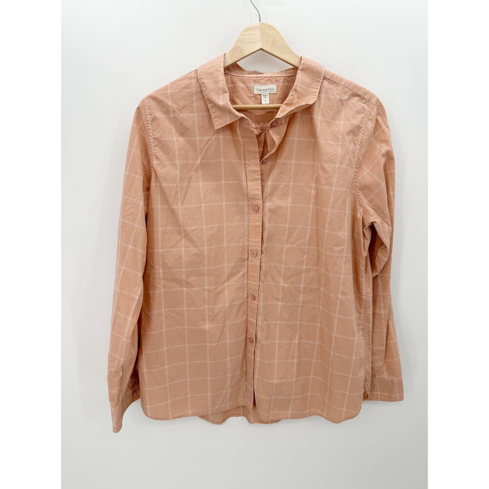 Garnet Hill Womens 12 Salmon Pink Windowpane Plaid Organic Pima‎ Cotton Shirt